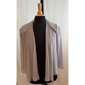 SLNY Women Silver Grey Sequin Shoulder Open Front Chiffon Jacket Size 8
